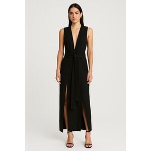 Maurie &‎ Eve Black Sleeveless Maxi Dress Plunge Neckline Belted Slit US 2